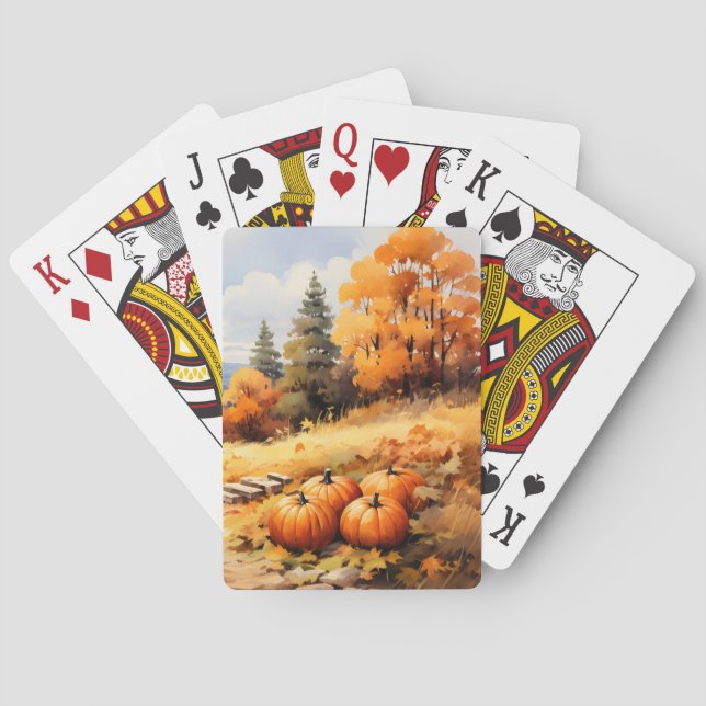 Watercolor Autumn Road Pumpkin Falling Leaves Playing Cards (Back)
