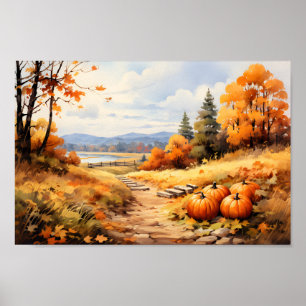 Watercolor Autumn Road Pumpkin Falling Leaves Poster