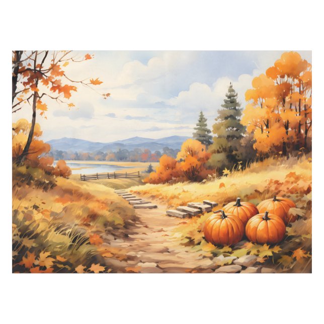 Watercolor Autumn Road Pumpkin Falling Leaves Tablecloth (Front (Horizontal))