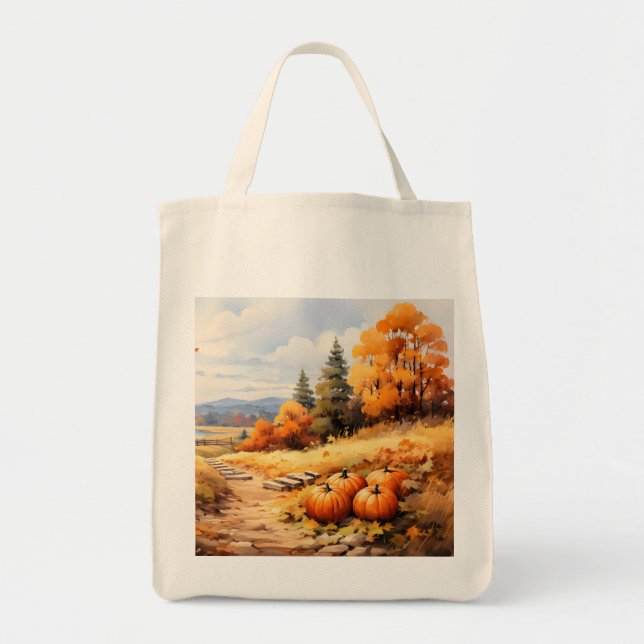 Watercolor Autumn Road Pumpkin Falling Leaves Tote Bag (Front)