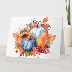 Watercolor Autumn Sunflower & Blue Pumpkins Card