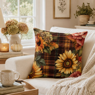 Watercolor Autumn Sunflowers & Floral Plaid Cushion