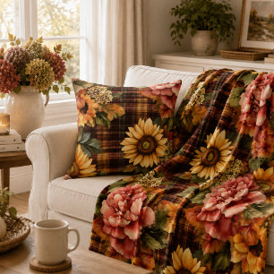 Watercolor Autumn Sunflowers & Floral Plaid Fleece Blanket