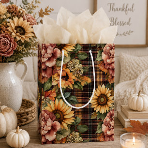 Watercolor Autumn Sunflowers & Floral Plaid Medium Gift Bag
