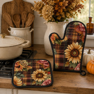 Watercolor Autumn Sunflowers & Floral Plaid Oven Mitt & Pot Holder Set
