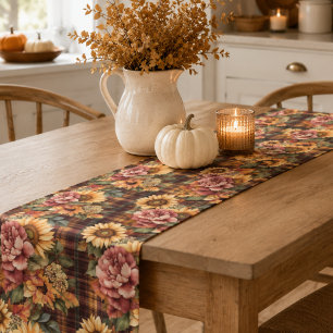 Watercolor Autumn Sunflowers & Floral Plaid Short Table Runner