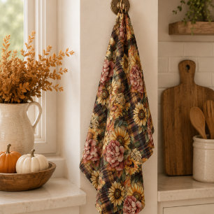 Watercolor Autumn Sunflowers & Floral Plaid Tea Towel