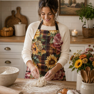 Watercolor Autumn Sunflowers & Floral Plaid Throw Apron