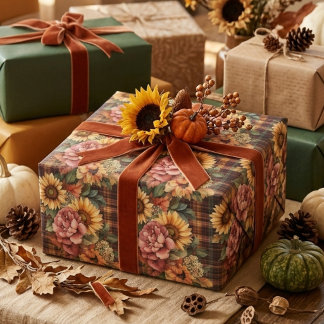 Watercolor Autumn Sunflowers & Floral Plaid Wrapping Paper