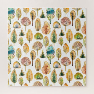 Watercolor autumn trees, seamless pattern. jigsaw puzzle