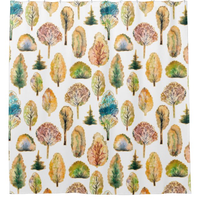 Watercolor autumn trees, seamless pattern. shower curtain (Front)