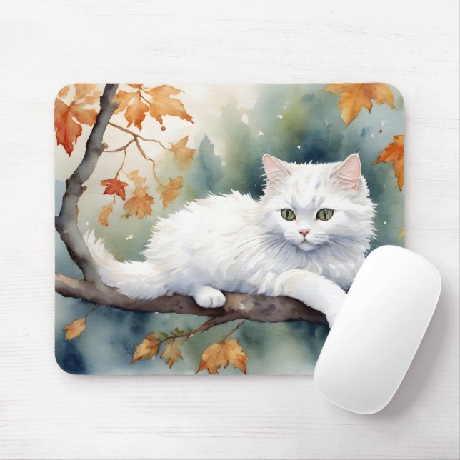 Watercolor Autumn White Cat  Mouse Mat (With Mouse)