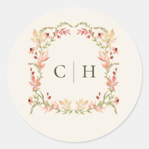 Watercolor Autumn Wildflower Monogram Wedding Classic Round Sticker
