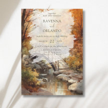 Watercolor Autumn Woodland Bridge Fall Wedding