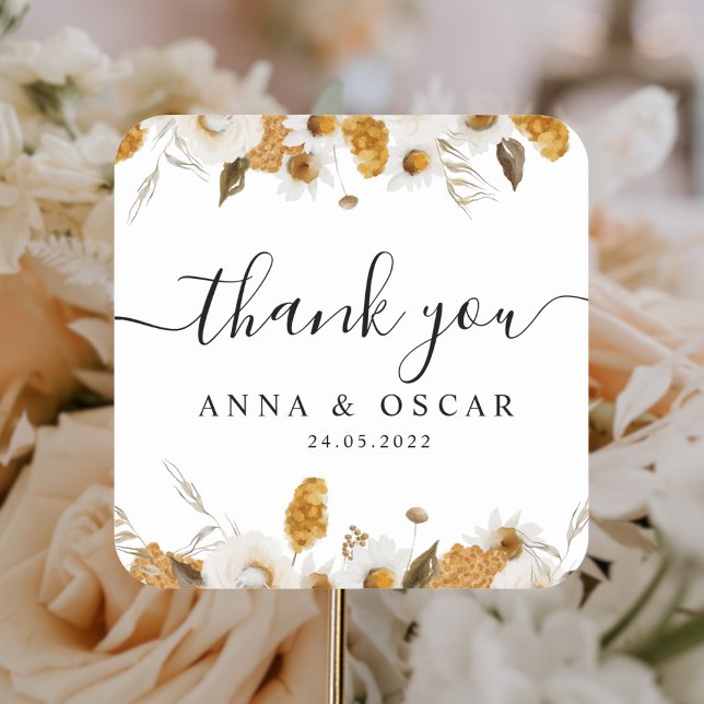 Watercolor Autumn Yellow & White Floral Frame Square Sticker (Creator Uploaded)