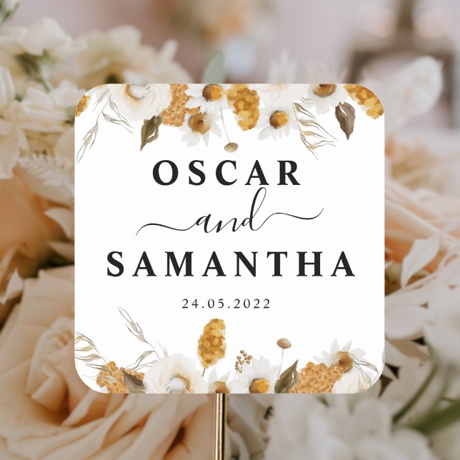 Watercolor Autumn Yellow & White Floral Frame Square Sticker (Creator Uploaded)