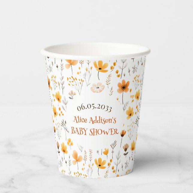 Watercolor Autumn Yellow Wildflowers Baby Shower Paper Cups (Front)