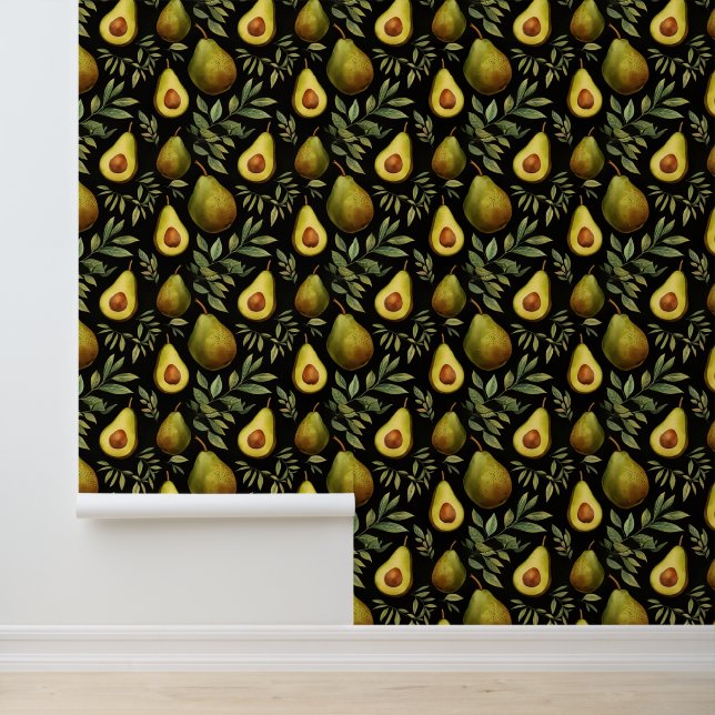 Watercolor Avacado and Branches Pattern Wallpaper (Application)