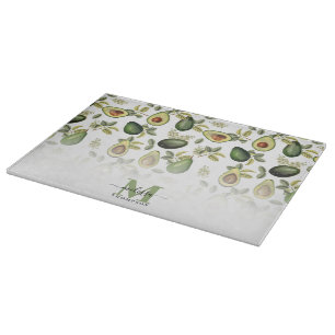 Watercolor Avocado Botanical Pattern Monogrammed Cutting Board