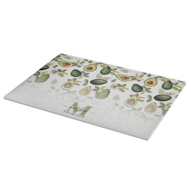Watercolor Avocado Botanical Pattern Monogrammed Cutting Board (Corner)
