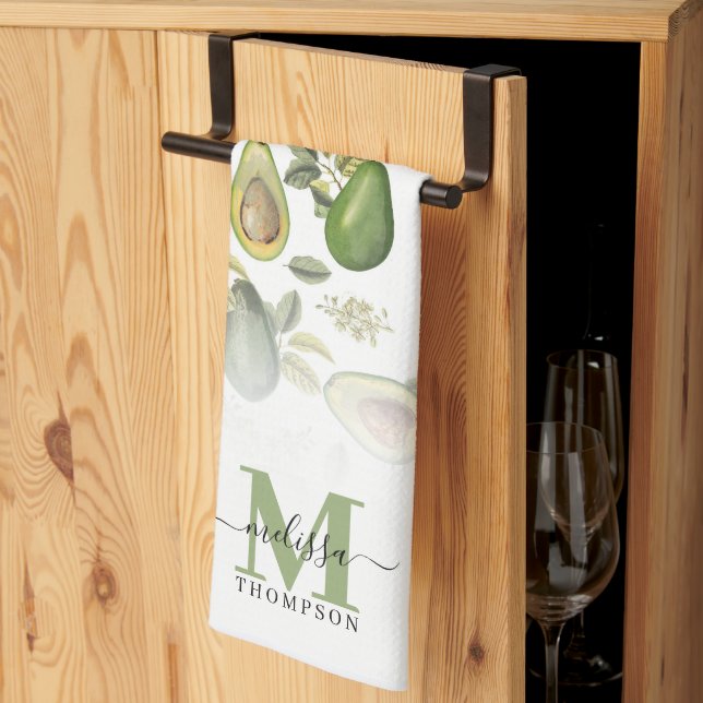 Watercolor Avocado Botanical Pattern Monogrammed Tea Towel (Thirds Fold)