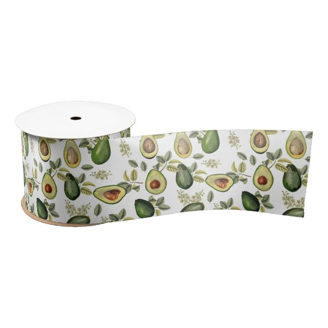 Watercolor Avocado Botanical Pattern Satin Ribbon (Spool)