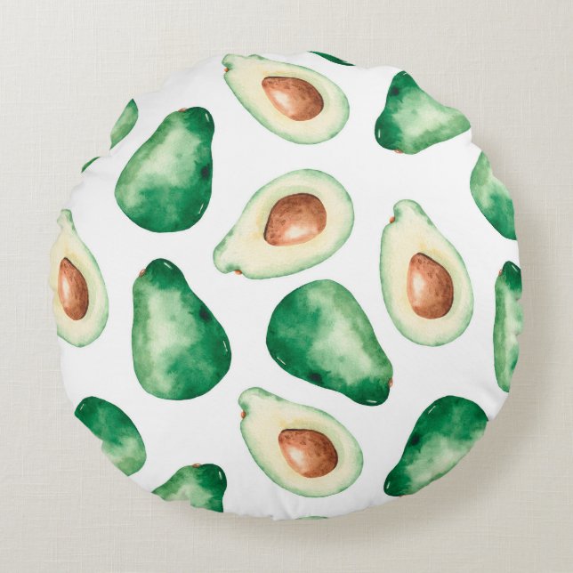 Watercolor Avocado Pattern Round Cushion (Front)