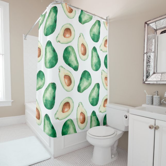 Watercolor Avocado Pattern Shower Curtain (In Situ)