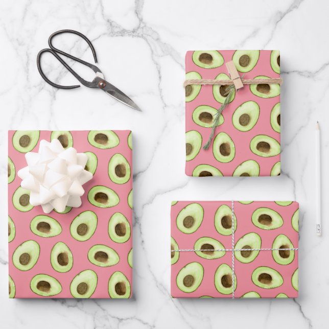 Watercolor Avocado Pink Wrapping Paper Sheet (Front)