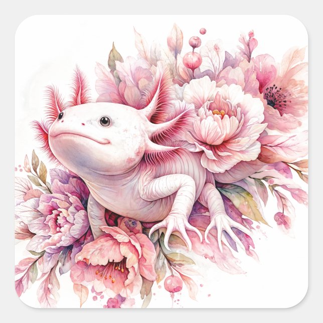 Watercolor Axolotl Among Pink Flowers Square Sticker (Front)