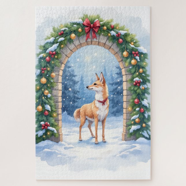 Watercolor Azawakh Snowy Stone Arch Christmas Jigsaw Puzzle (Vertical)
