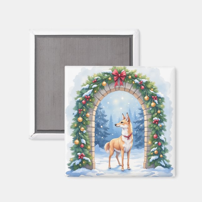 Watercolor Azawakh Snowy Stone Arch Christmas Magnet (Front/Back)