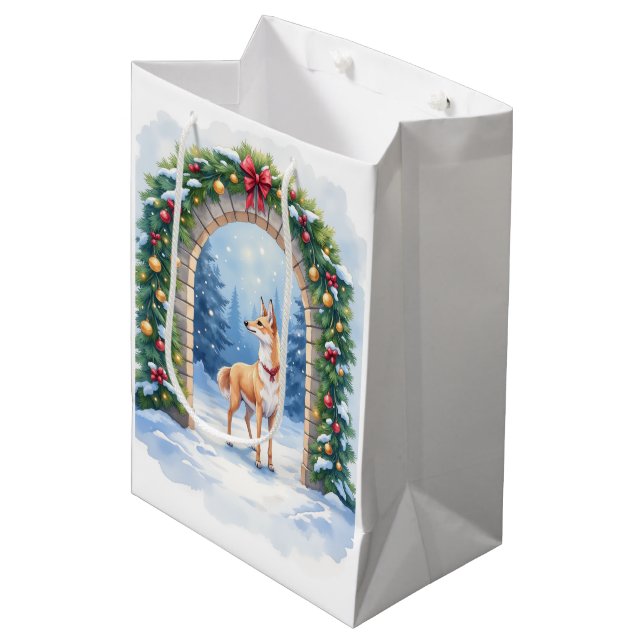 Watercolor Azawakh Snowy Stone Arch Christmas Medium Gift Bag (Front Angled)
