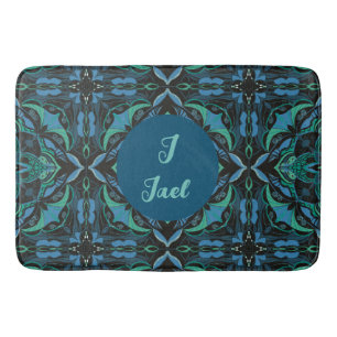 Watercolor Azulejo Black Spanish Personalised Bath Mat