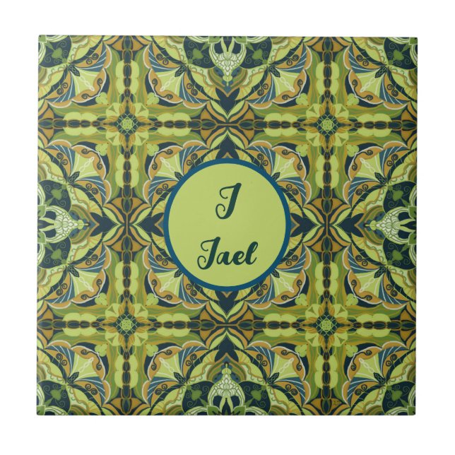 Watercolor Azulejo Green Spanish Personalised  Tile (Front)