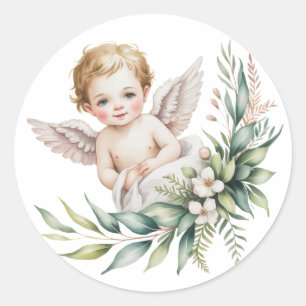 Watercolor Baby Angel Feather Wings Baptism  Classic Round Sticker