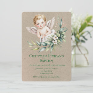 Watercolor Baby Angel Feather Wings Baptism  Invitation