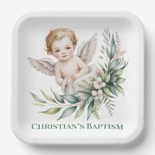 Watercolor Baby Angel Feather Wings Baptism  Paper Plate