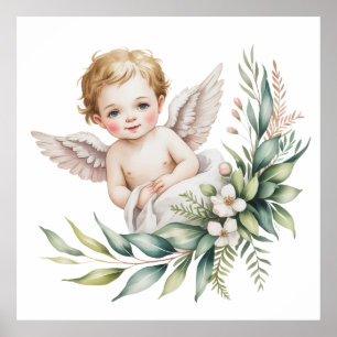 Watercolor Baby Angel Feather Wings Baptism  Poster