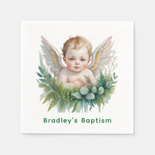 Watercolor Baby Angel with Greenery Baptism  Napkin