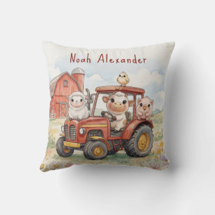 Watercolor Baby Animals Driving Red Tractor Farm Cushion