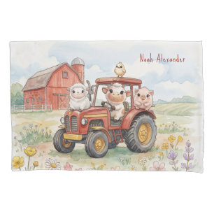 Watercolor Baby Animals Driving Red Tractor Farm Pillowcase