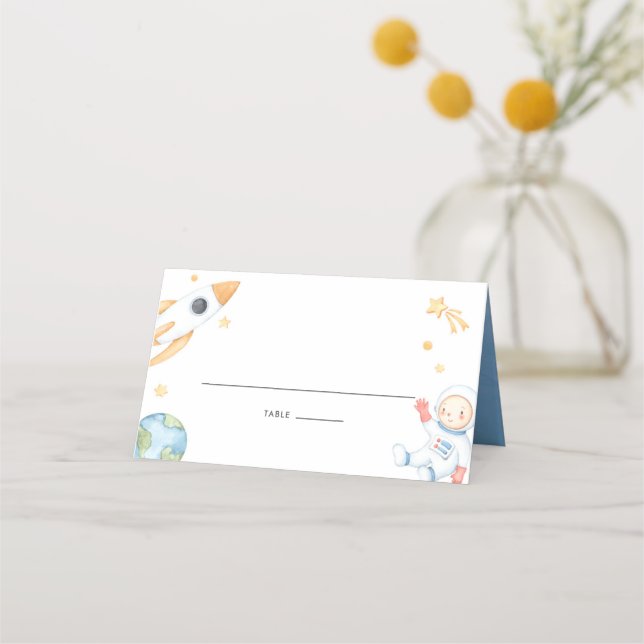 Watercolor Baby Astronaut Space Theme Baby Shower Place Card (Front)