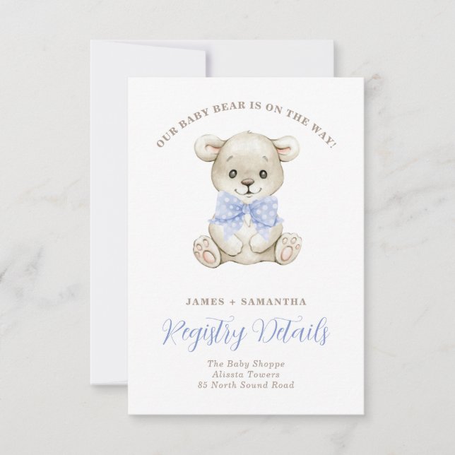 Watercolor Baby Bear Blue Bow Gift Registry Announcement (Front)