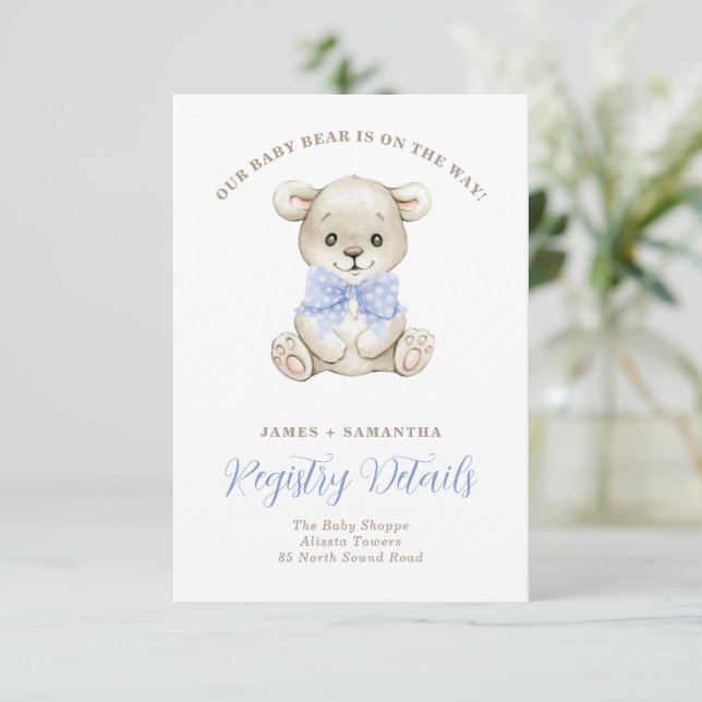 Watercolor Baby Bear Blue Bow QR Code Registry Announcement (Standing Front)