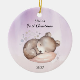 Watercolor Baby Bear First Christmas Personalized Ceramic Tree Decoration