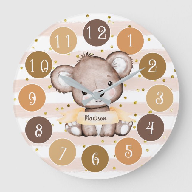 Watercolor Baby Bear Gender Neutral  Large Clock (Front)