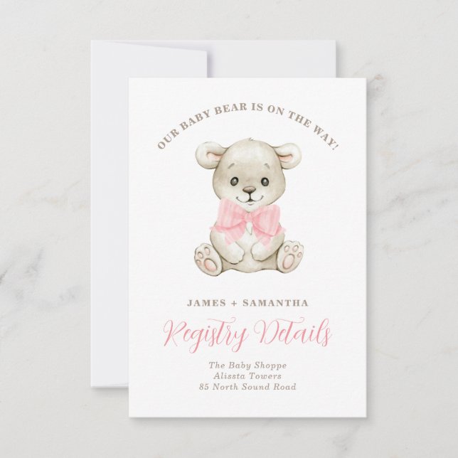 Watercolor Baby Bear Pink Bow Gift Registry Announcement (Front)