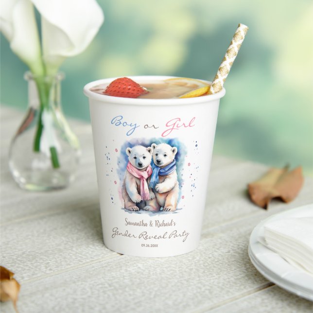 Watercolor Baby Bear Winter Gender Reveal Party Paper Cups (Insitu)