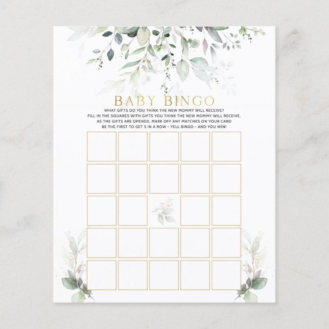 Watercolor Baby Bingo Eucalyptus Baby Shower Bingo (Front)